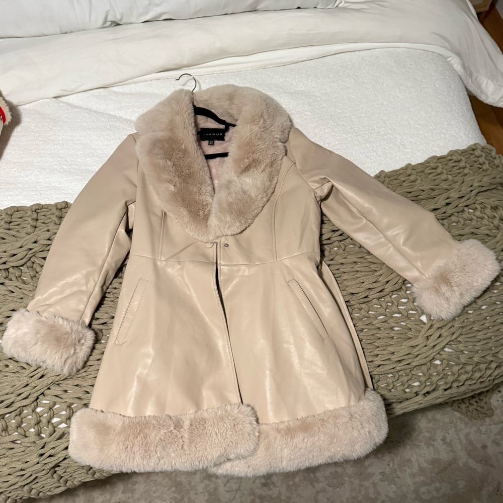 Fur lined leather tie coat